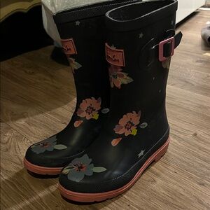 Joules Black Floral Rain Boots with Pink Trim